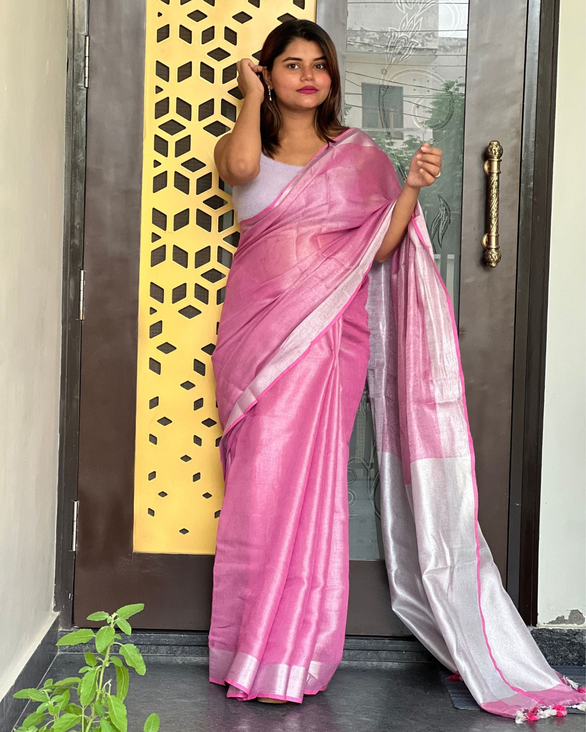 Ziyorah| Hand Dyed Pure Tissue Linen Pink Color Saree With Running Blouse