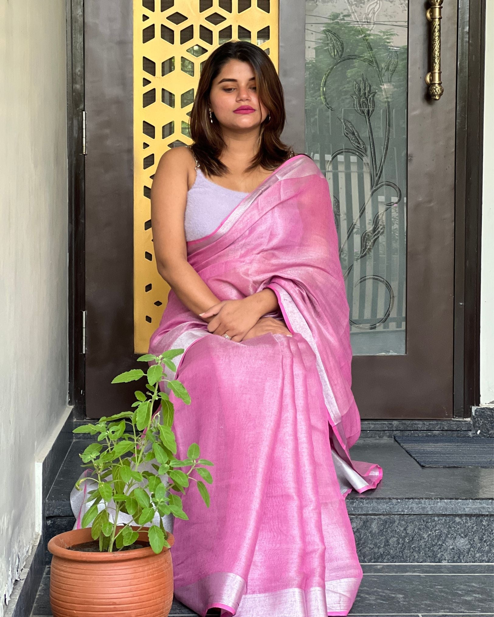 Ziyorah| Hand Dyed Pure Tissue Linen Pink Color Saree With Running Blouse