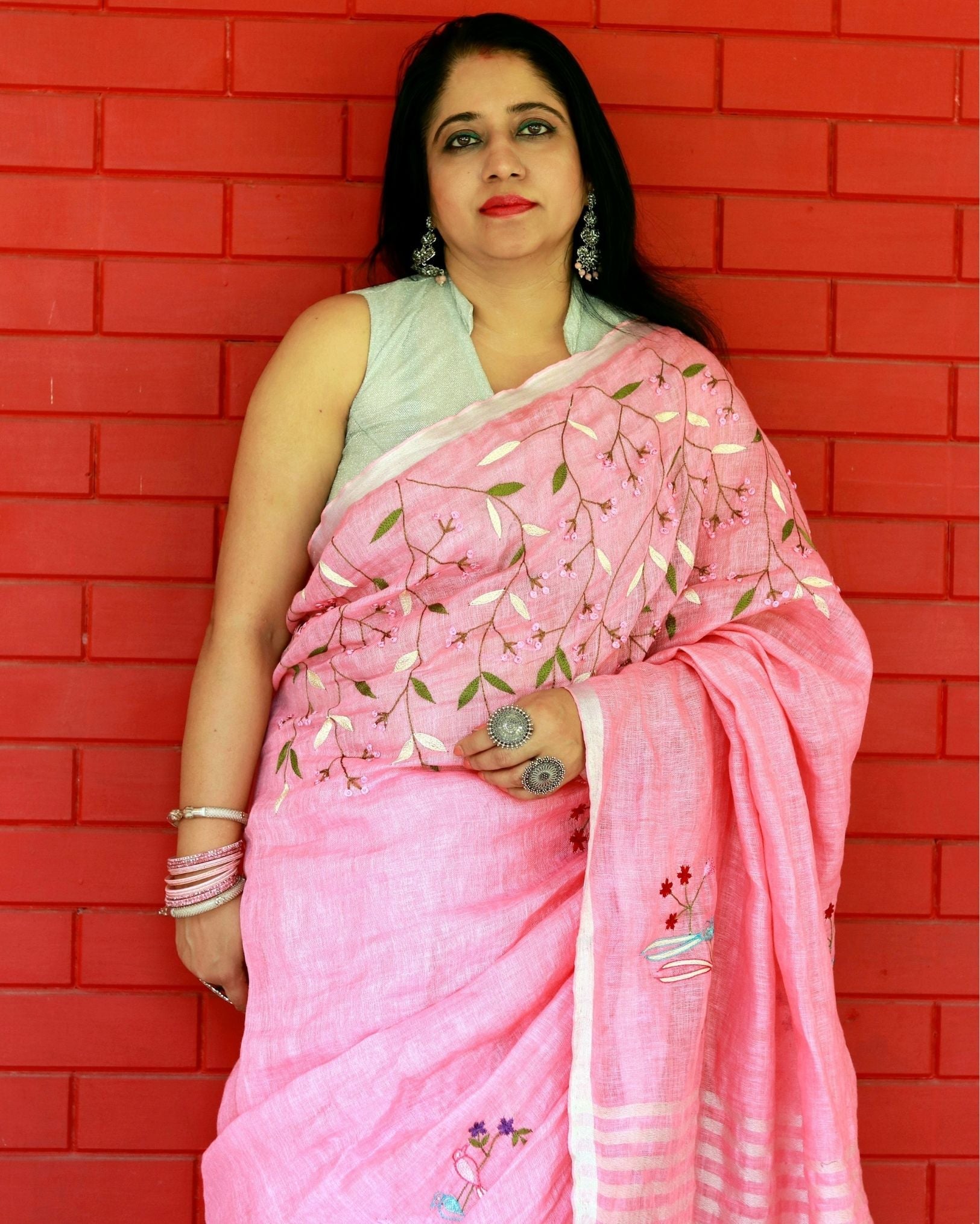 Ziyorah| Pure Linen Pink Embroidered Saree With Running Blouse