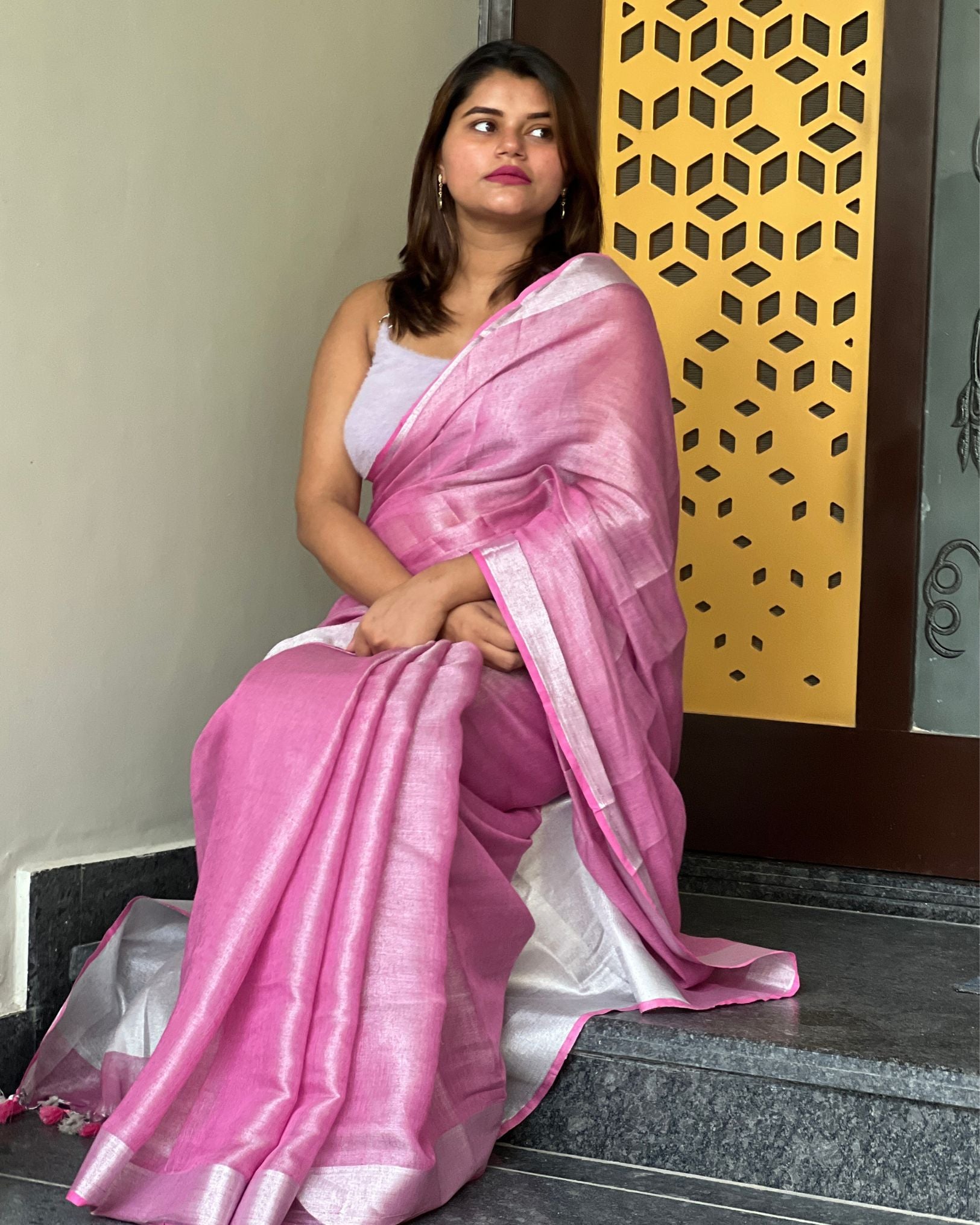 Ziyorah| Hand Dyed Pure Tissue Linen Pink Color Saree With Running Blouse