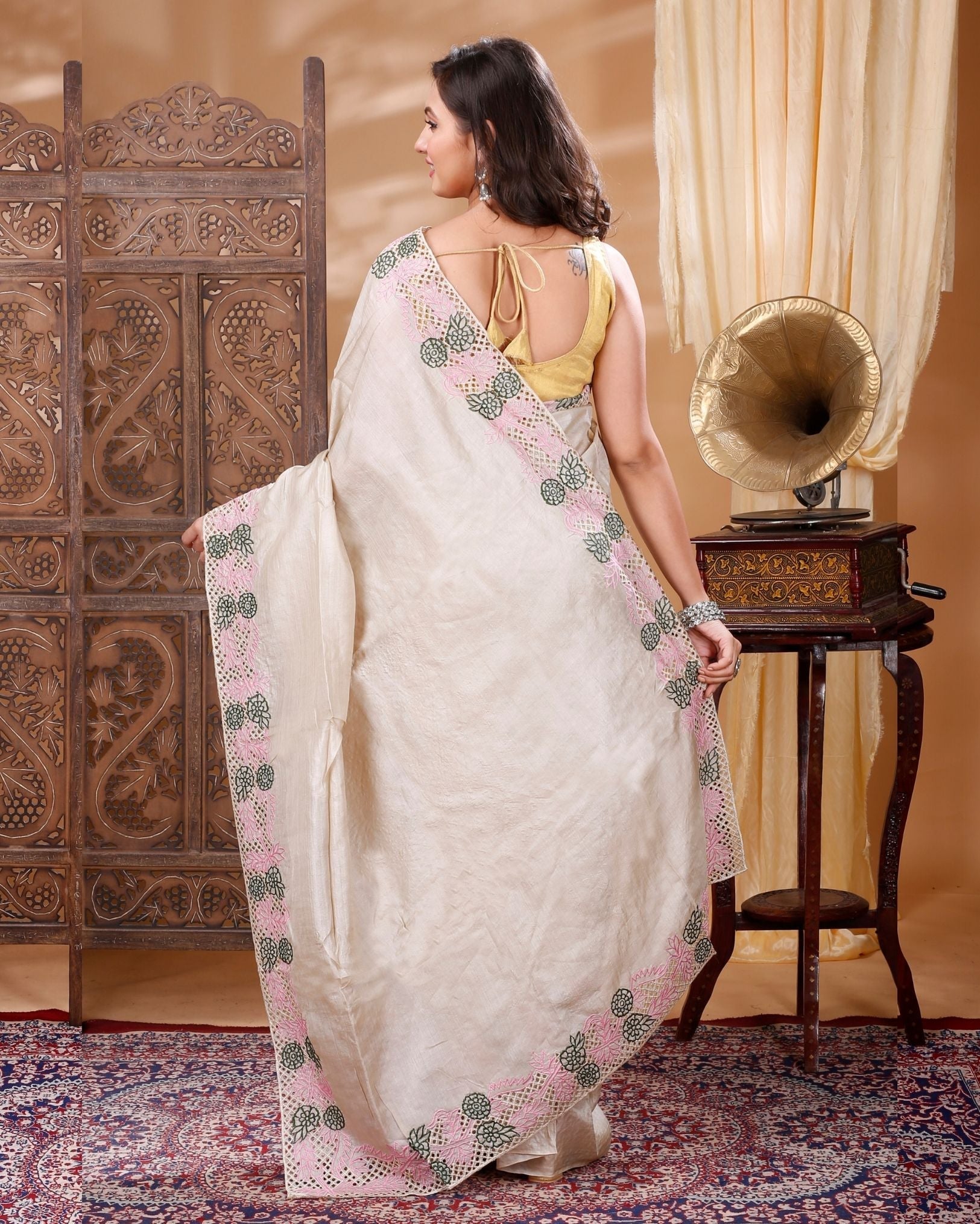 Ziyorah| Silkmark Certified Pure Tussar Hand Cutwork Beige Saree With Contrast Blouse