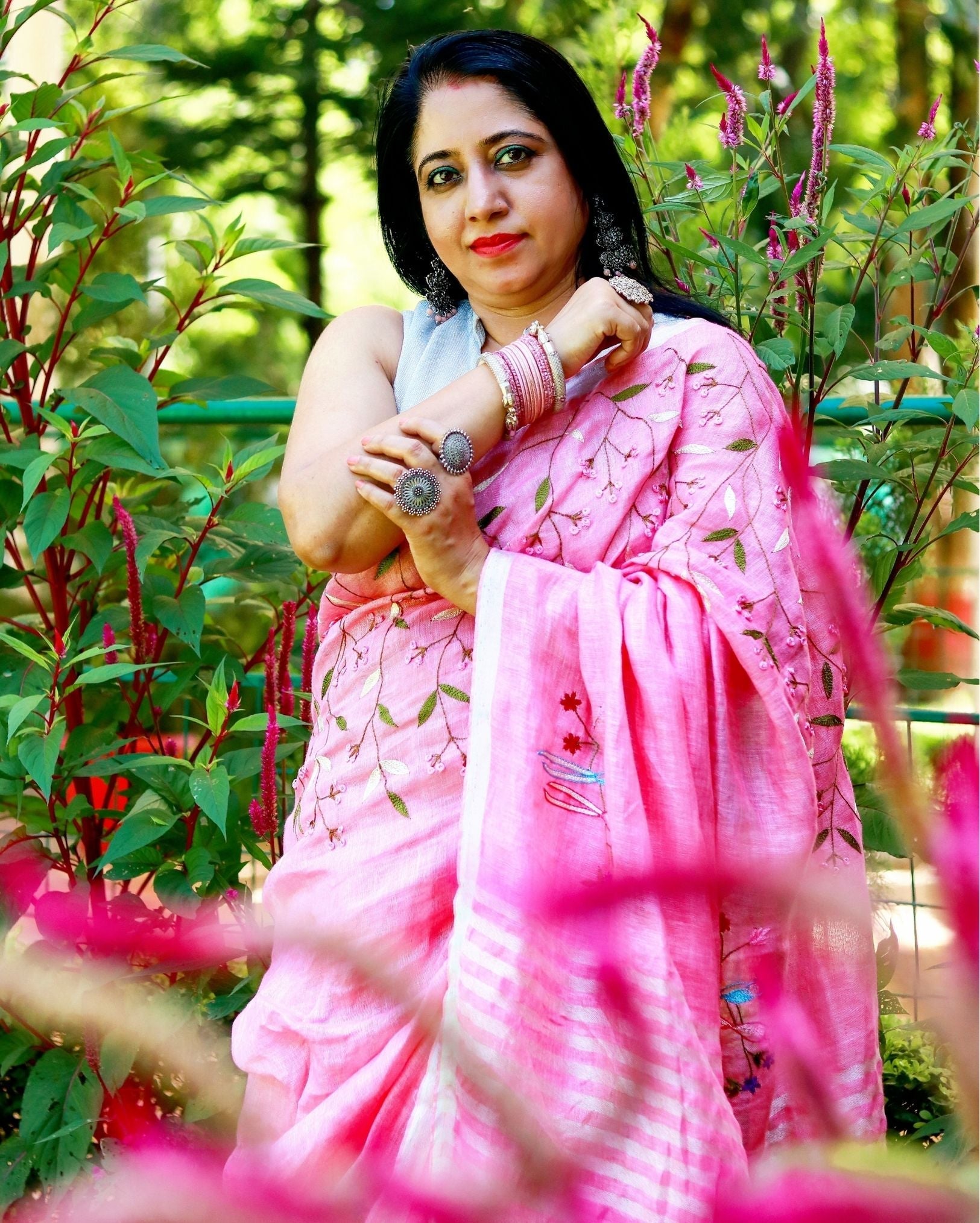 Ziyorah| Pure Linen Pink Embroidered Saree With Running Blouse