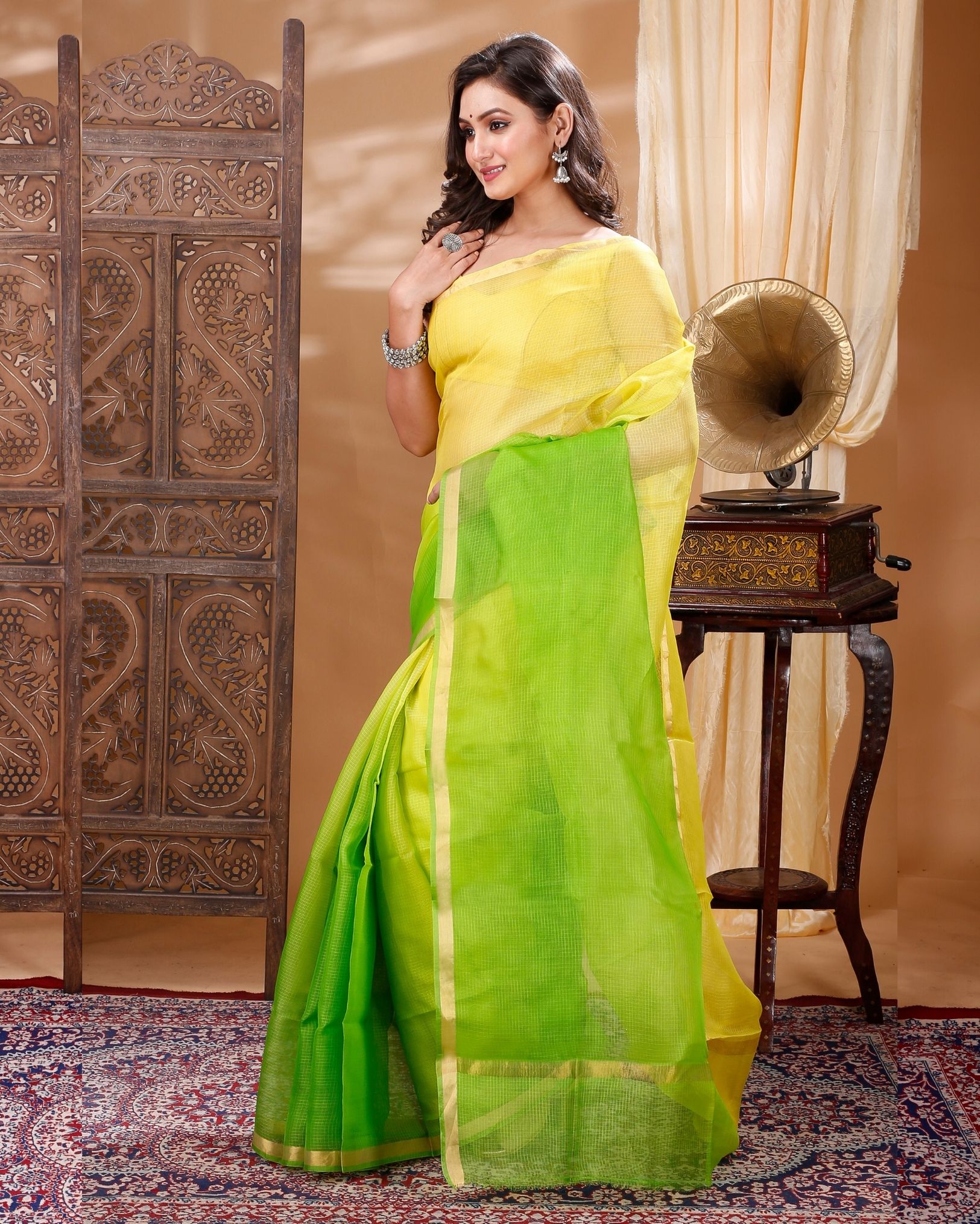 Ziyorah| Pure Silk Kota Doria Sarees Citron Green And Yellow Colour With Running Blouse