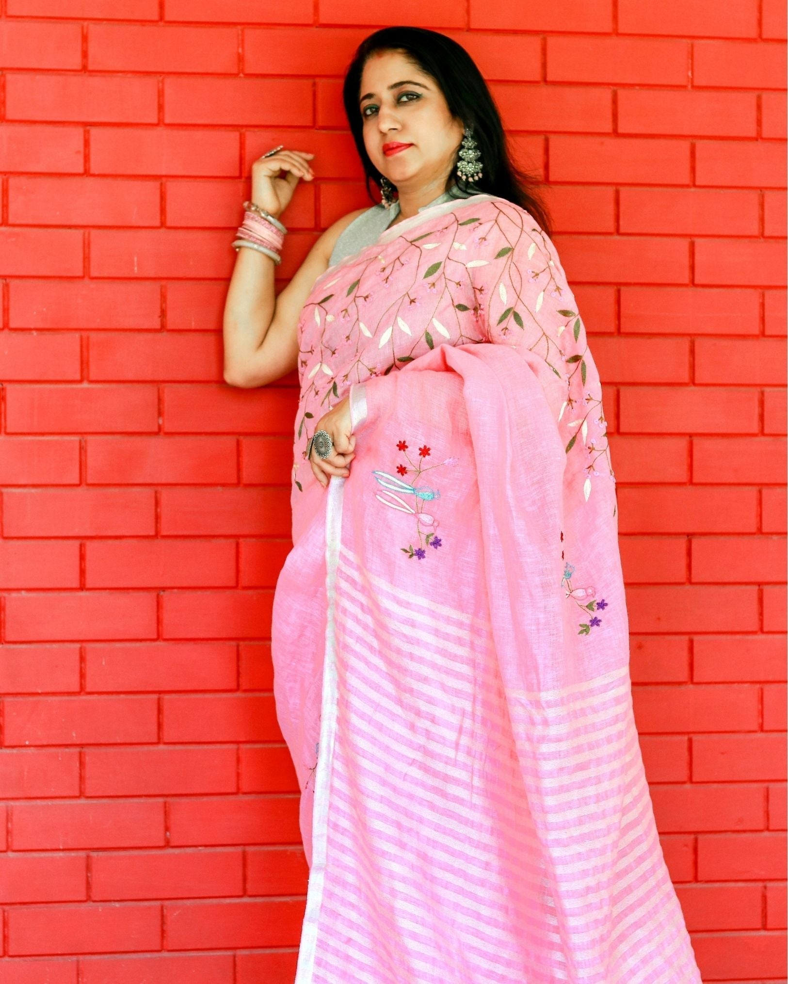 Ziyorah| Pure Linen Pink Embroidered Saree With Running Blouse