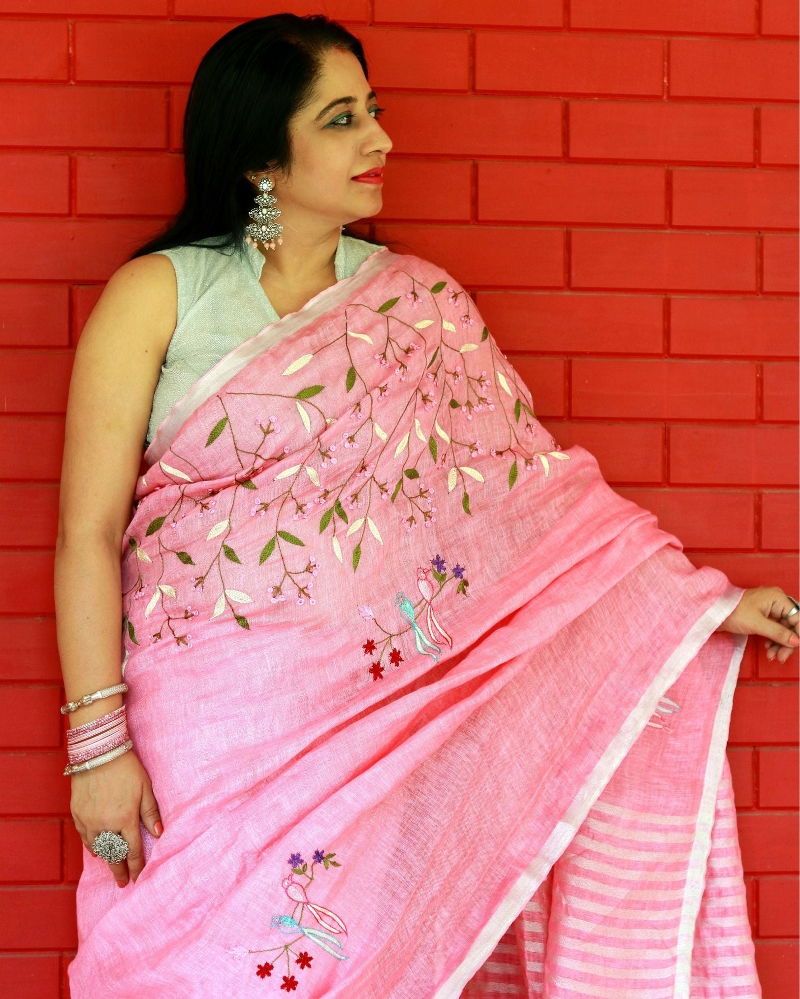 Ziyorah| Pure Linen Pink Embroidered Saree With Running Blouse