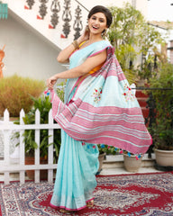 Ziyorah| Pure Linen Blue Embroidered Saree With Running Blouse