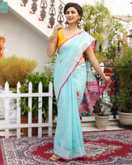 Ziyorah| Pure Linen Blue Embroidered Saree With Running Blouse