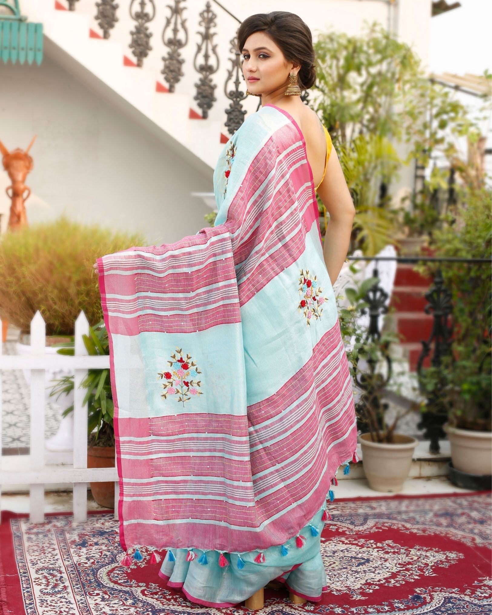 Ziyorah| Pure Linen Blue Embroidered Saree With Running Blouse