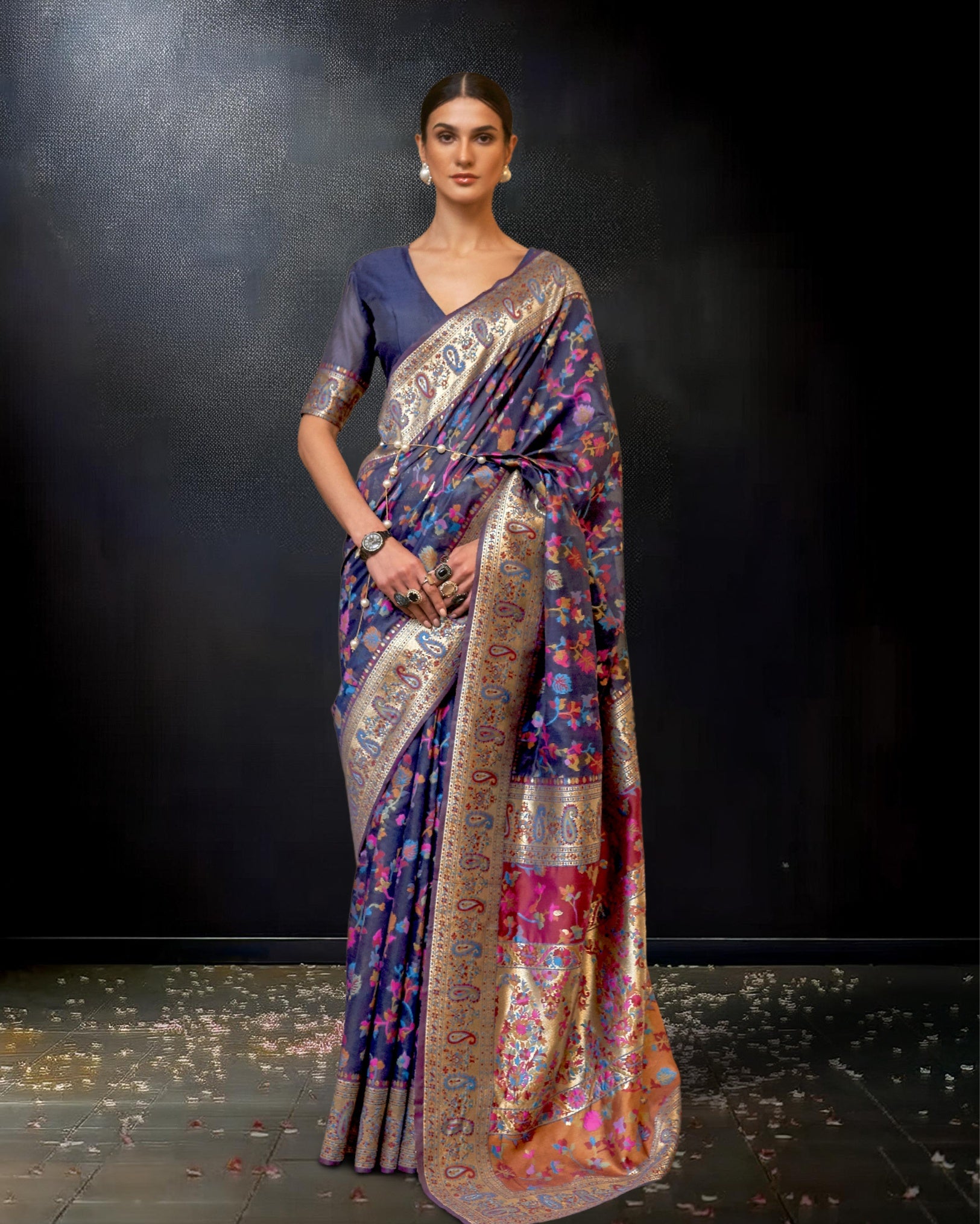 Ziyorah | Kashifa Silk Handloom Weaving Navy Blue Saree