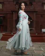 Ziyorah| Organza Grey Suit Hand Painted Three Quarter Length Sleeve