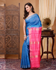 Ziyorah| Silkmark Certified Gichcha Tussar Handloom Hand Dyed Blue Saree With Blouse