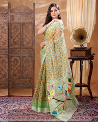 Ziyorah| Kota Doria Paithani Embroidery Designer Saree Light Green Colour With Running Blouse