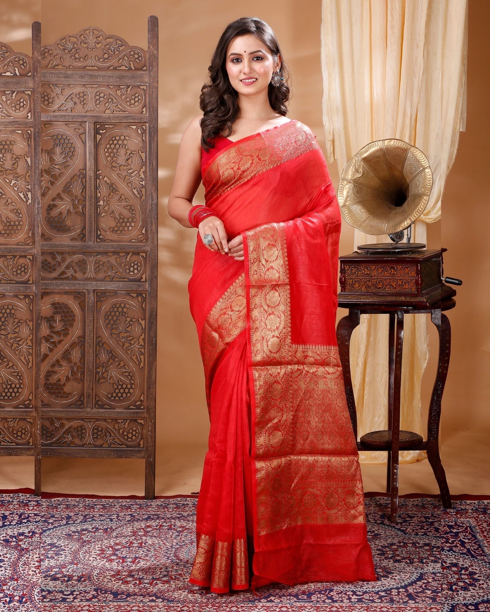 Ziyorah| Silk Linen Banarasi Brocade Handloom Orange Saree With Blouse