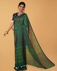 Ziyorah| Kantha Pure Linen Saree Spectra Green Colour With Kantha Blouse