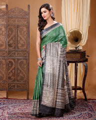 Ziyorah| Silkmark Certified Tussar Silk Handloom Handblock Printed Green Saree With Blouse