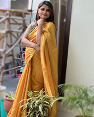 Ziyorah| Hand Dyed Pure Tissue Linen Yellow Color Saree With Running Blouse Hand Dyed