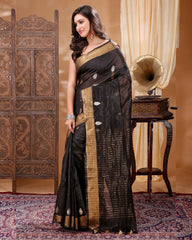 Ziyorah| Silk Linen Handloom Black Saree With Blouse Buta Weaving And Running Blouse