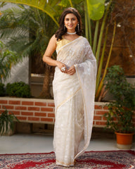 Ziyorah| Pure Cotton Kota Doria Saree Off White Color Jaal Embroidery With Running Blouse