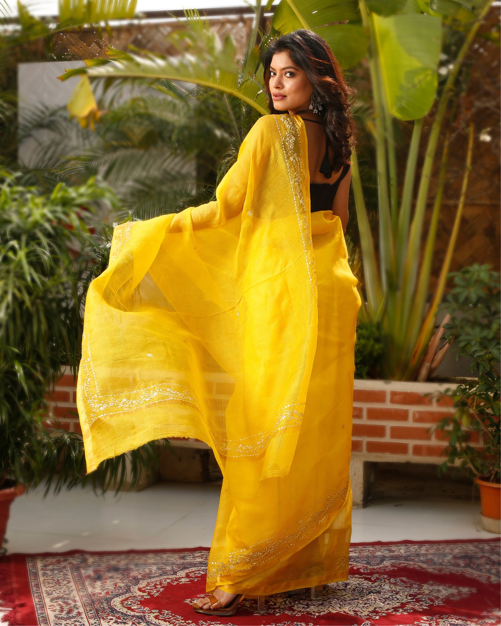 Ziyorah| Pure Silk Kota Doria Saree Banana Yellow Color Allover Hand Pitta Work With Running Blouse