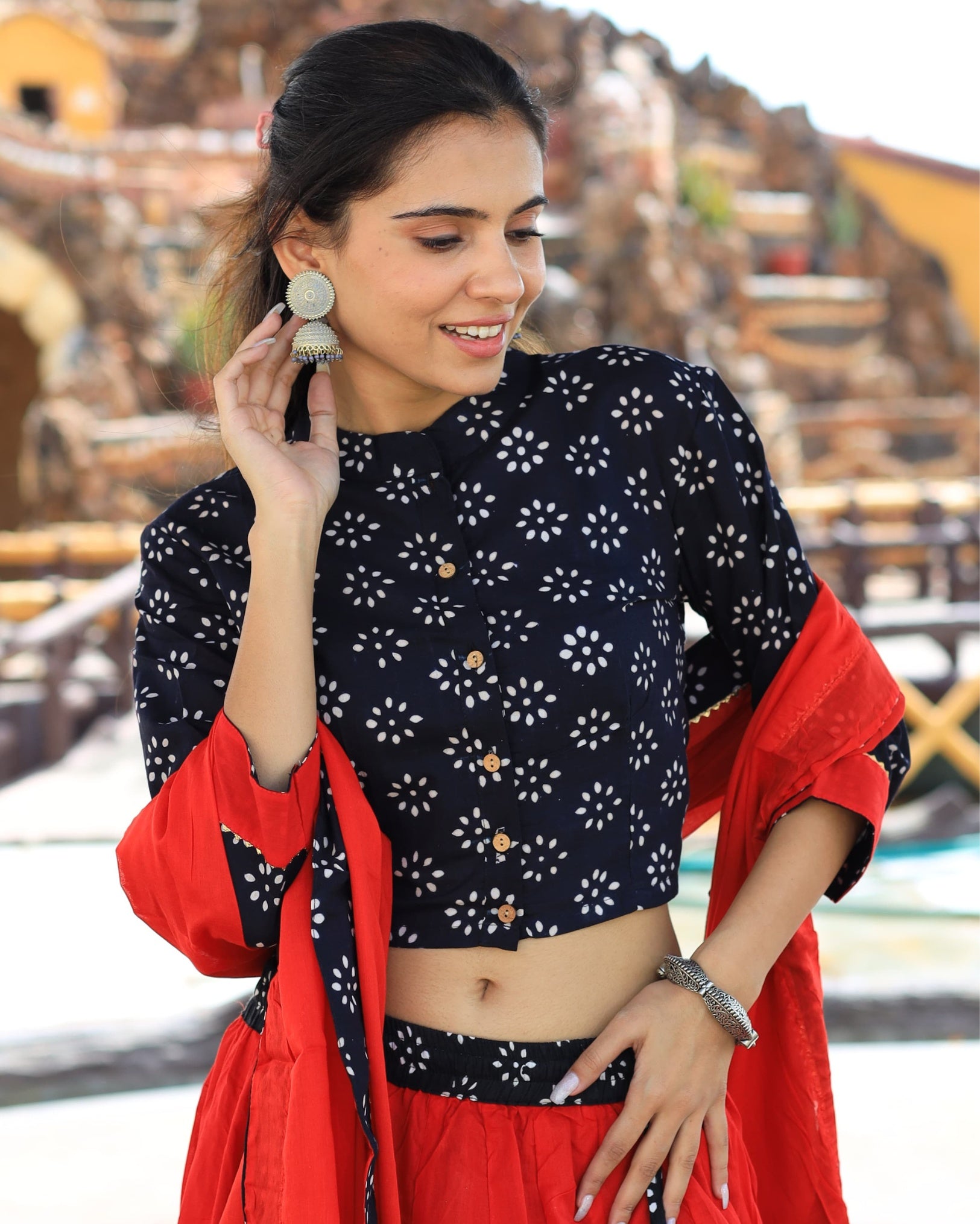 Ziyorah | Blockprinted Cotton Black & Red Lehanga Choli Set