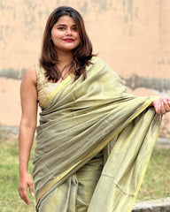 Ziyorah| Hand Dyed Pure Tissue Linen Grey Color Saree With Running Blouse Hand Dyed