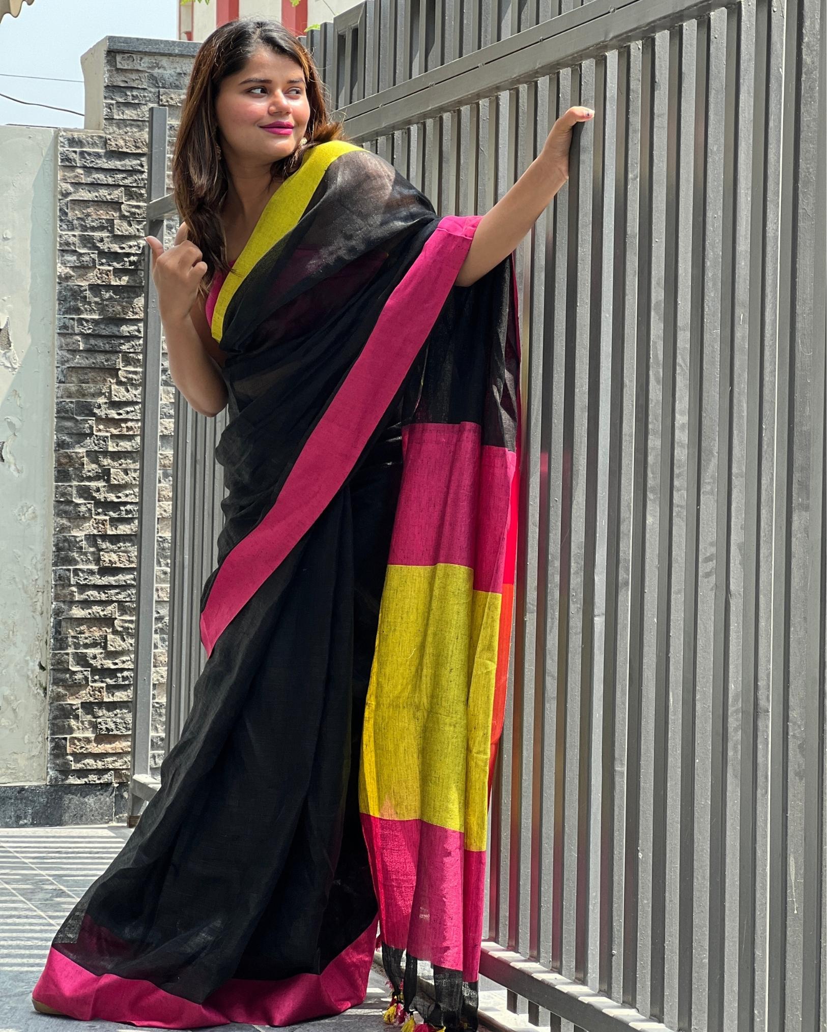 Ziyorah| Handwoven Pure Linen Black Saree With Blouse