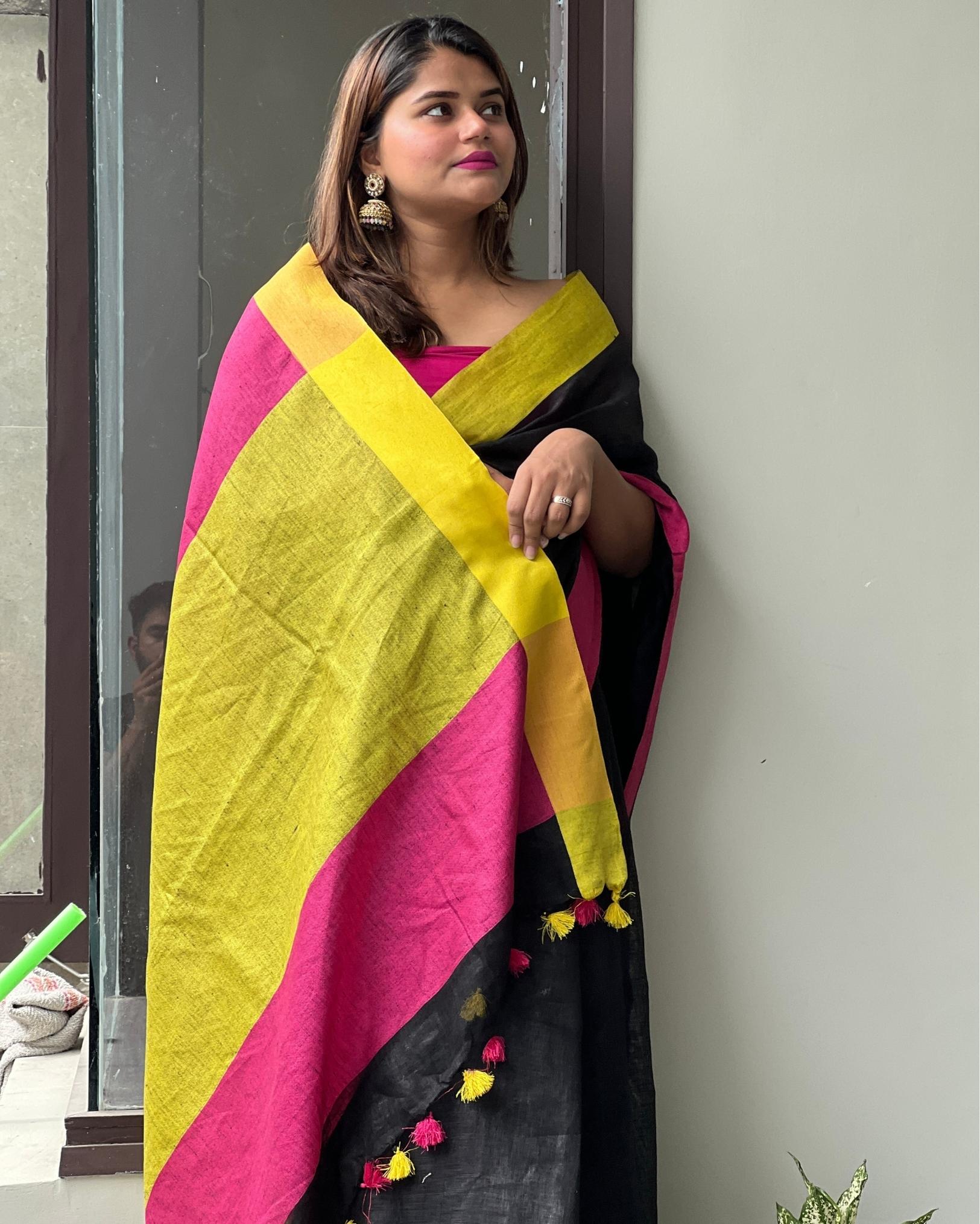 Ziyorah| Handwoven Pure Linen Black Saree With Blouse