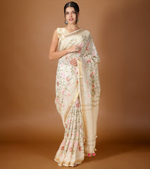 Ziyorah| Silk Linen Embroidered Handloom Off White Saree With Blouse