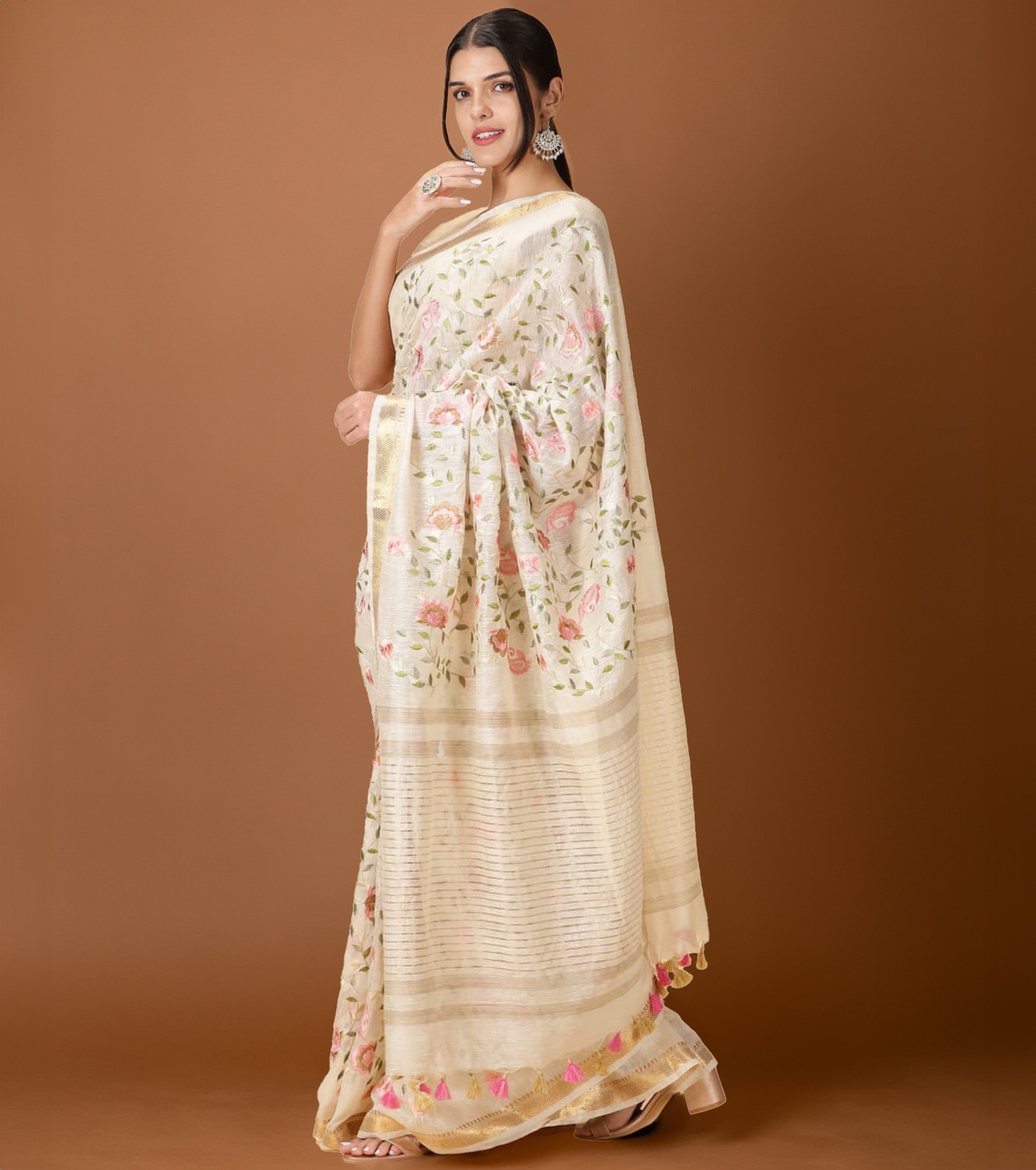 Ziyorah| Silk Linen Embroidered Handloom Off White Saree With Blouse