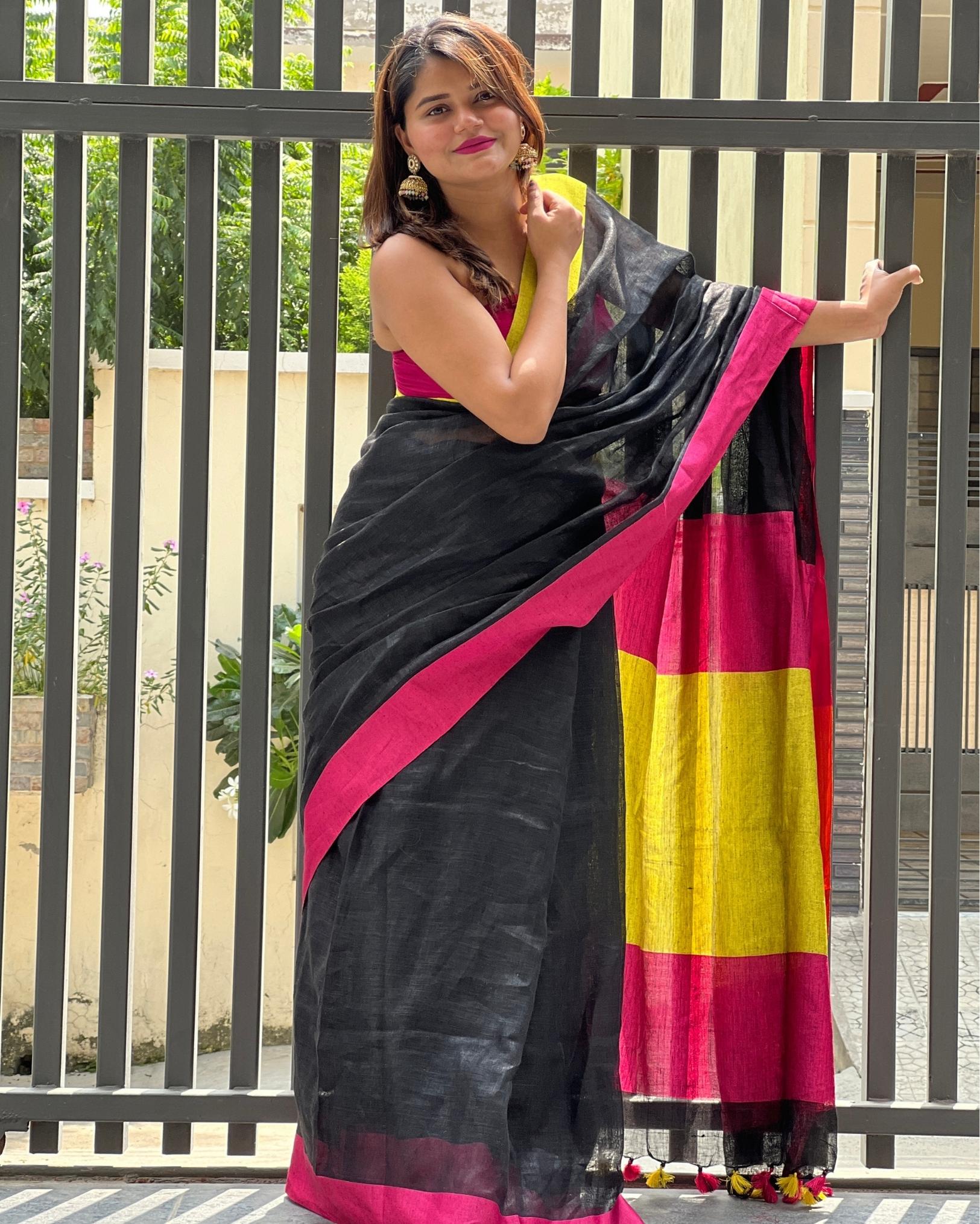 Ziyorah| Handwoven Pure Linen Black Saree With Blouse