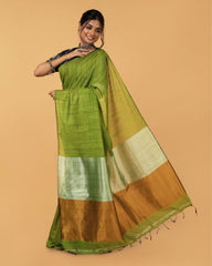 Ziyorah| Silk Linen Plain Saree Green Color With Contrast Border And Attached Running Blouse