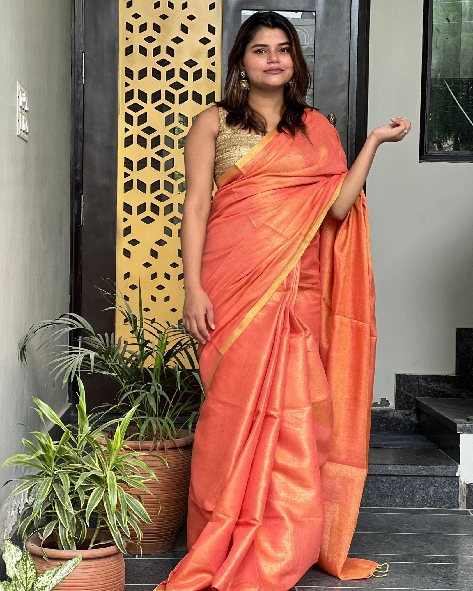 Ziyorah| Hand Dyed Pure Tissue Linen Red Saree With Running Blouse Hand Dyed