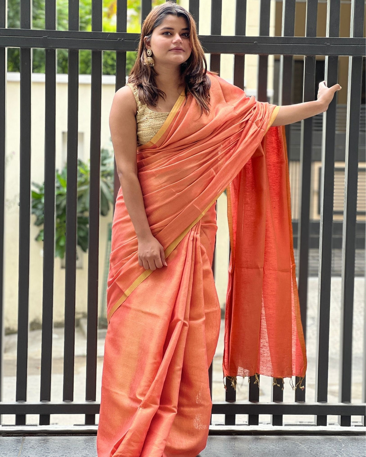 Ziyorah| Hand Dyed Pure Tissue Linen Red Saree With Running Blouse Hand Dyed