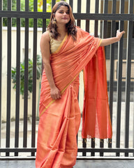 Ziyorah| Hand Dyed Pure Tissue Linen Red Saree With Running Blouse Hand Dyed