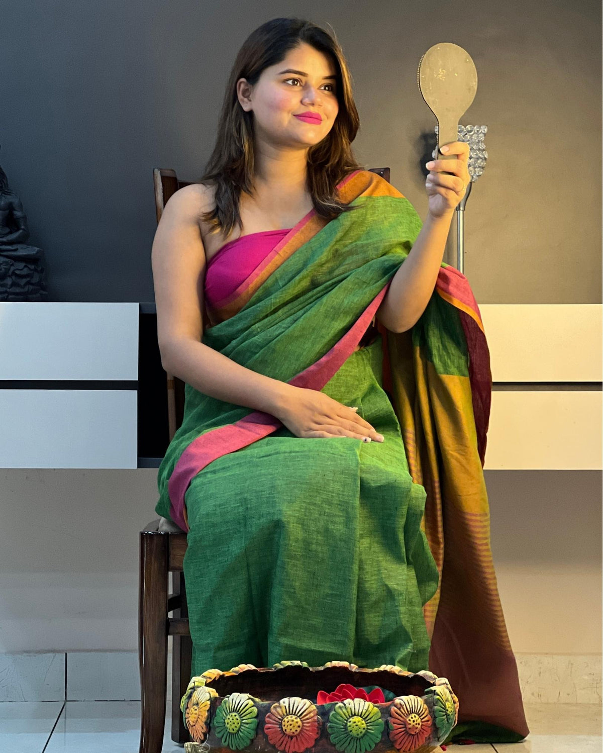 Ziyorah| Handwoven Pure Linen Green Saree With Blouse