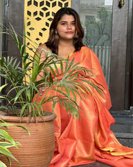 Ziyorah| Hand Dyed Pure Tissue Linen Red Saree With Running Blouse Hand Dyed