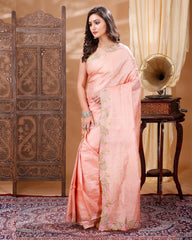 Ziyorah| Silkmark Certifiied Pure Tussar Hand Cutwork Light Peach Color Saree (Tussar By Tussar Fabric)