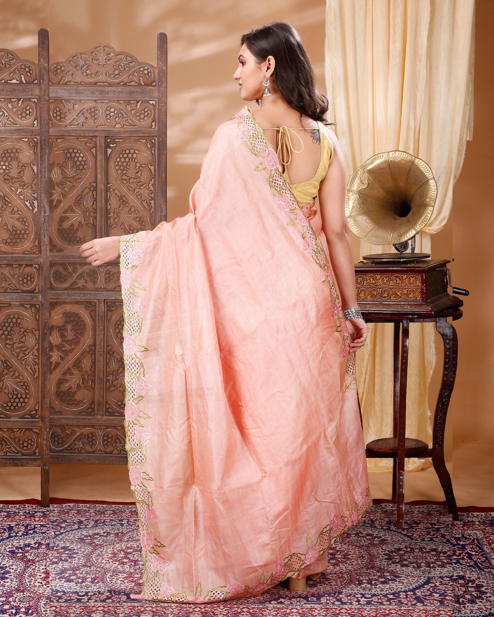 Ziyorah| Silkmark Certifiied Pure Tussar Hand Cutwork Light Peach Color Saree (Tussar By Tussar Fabric)