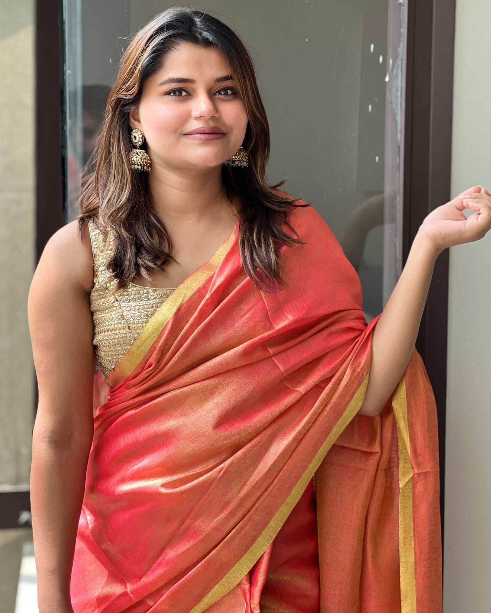 Ziyorah| Hand Dyed Pure Tissue Linen Red Saree With Running Blouse Hand Dyed