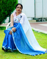 Ziyorah| Pure Linen White & Blue Embroidered Saree With Running Blouse