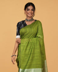 Ziyorah| Silk Linen Plain Saree Green Color With Contrast Border And Attached Running Blouse