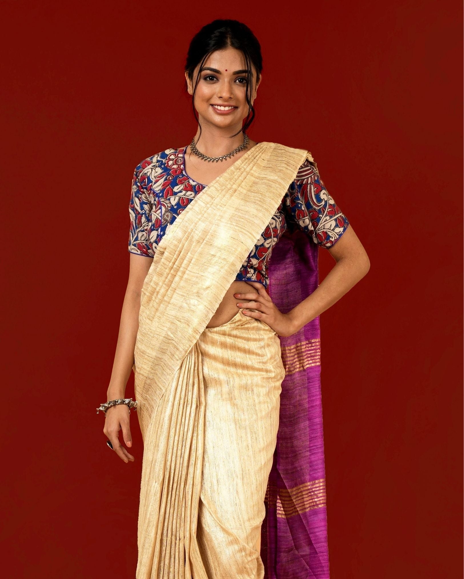 Ziyorah| Silkmark Certified Gichcha Tussar Handloom Hand Dyed Biege Saree With Blouse