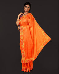 Ziyorah| Silkmark Certifiied Pure Tussar Hand Cutwork Saree Orange Colour (Tussar By Tussar Fabric)