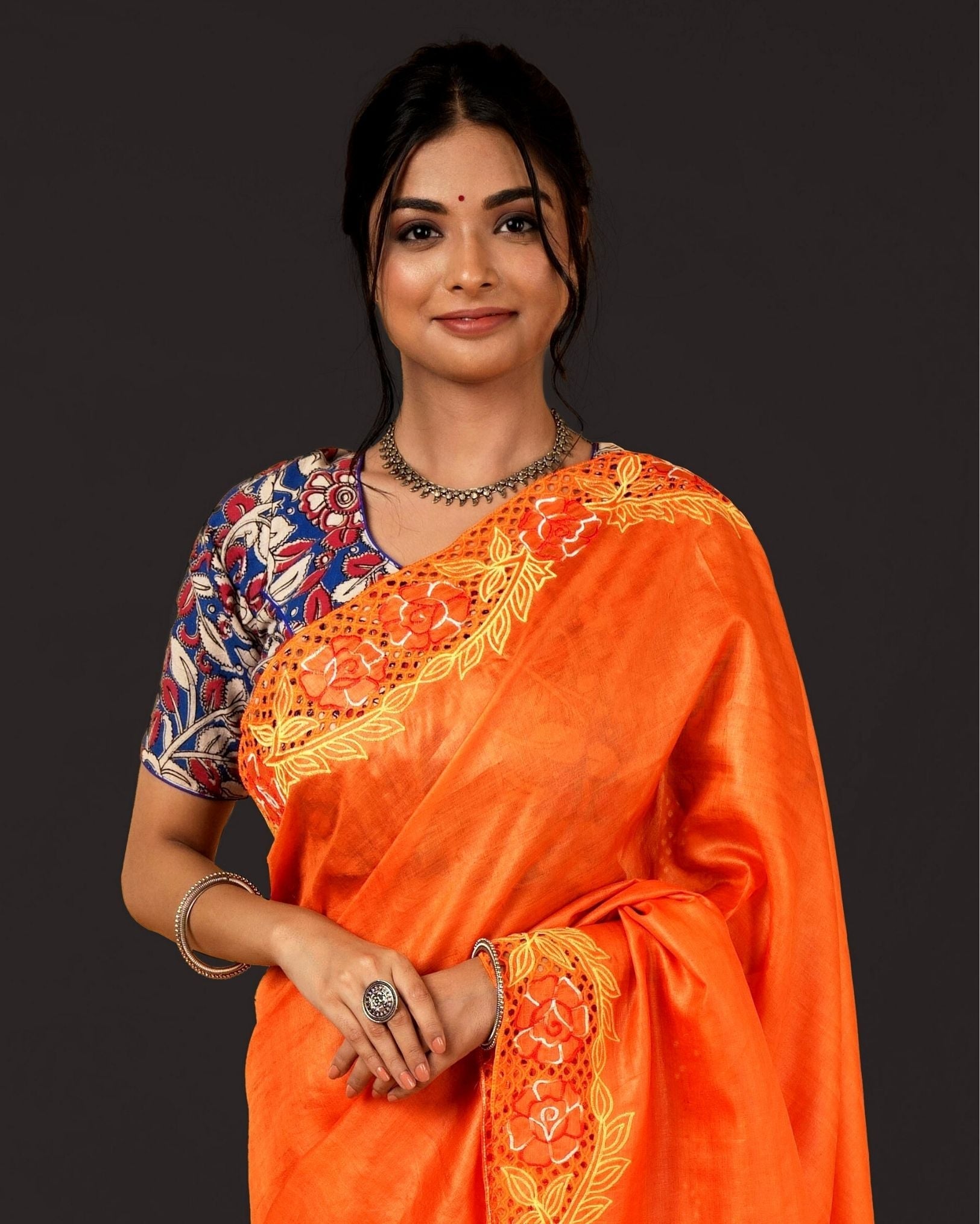 Ziyorah| Silkmark Certifiied Pure Tussar Hand Cutwork Saree Orange Colour (Tussar By Tussar Fabric)