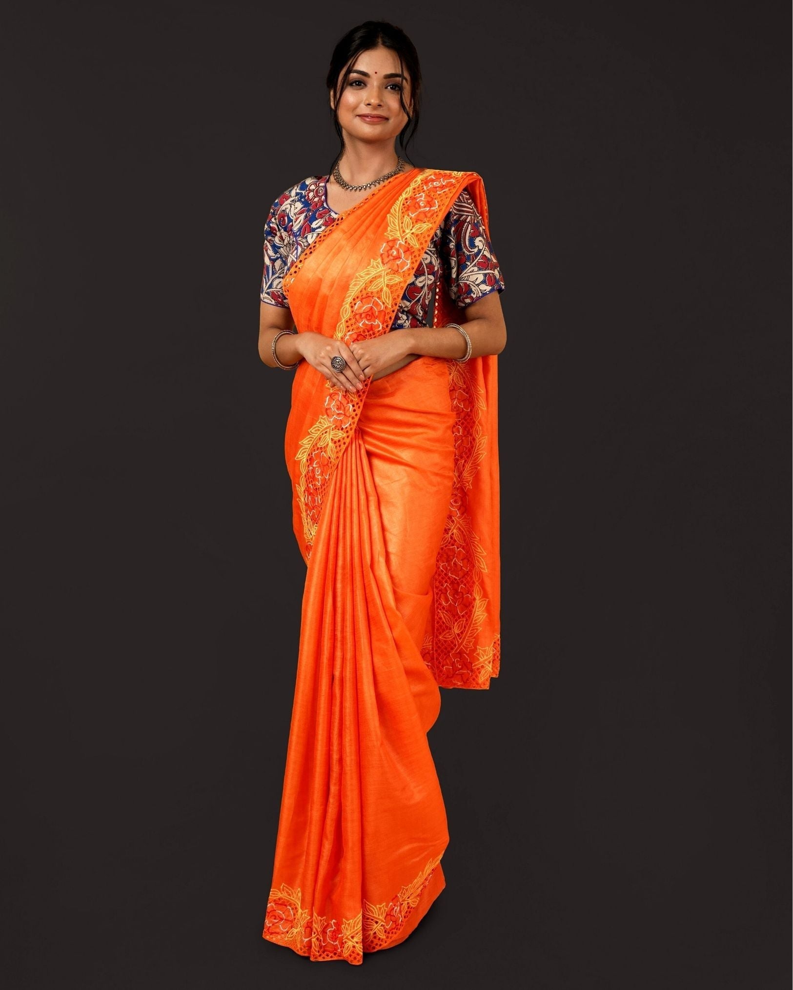 Ziyorah| Silkmark Certifiied Pure Tussar Hand Cutwork Saree Orange Colour (Tussar By Tussar Fabric)