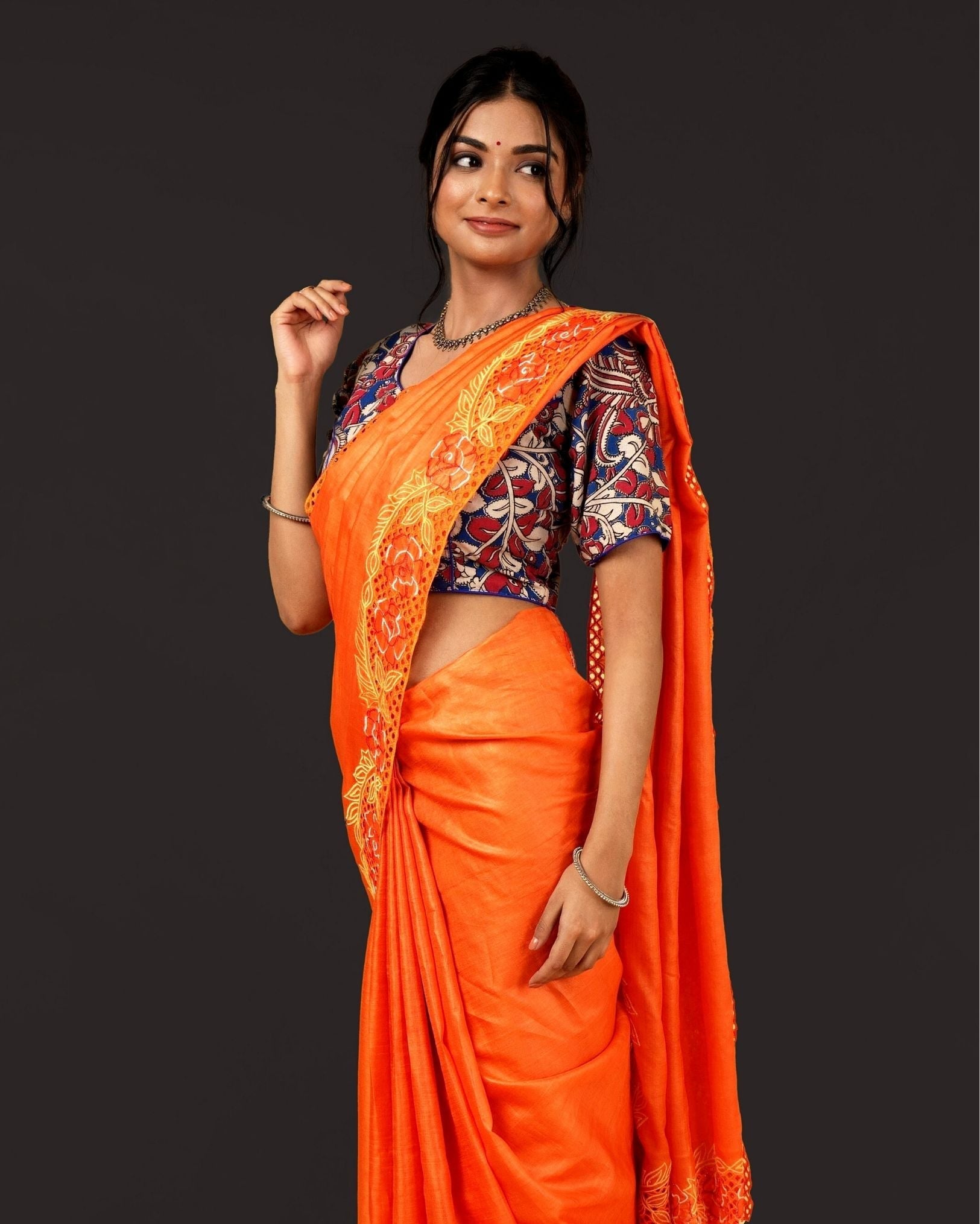 Ziyorah| Silkmark Certifiied Pure Tussar Hand Cutwork Saree Orange Colour (Tussar By Tussar Fabric)