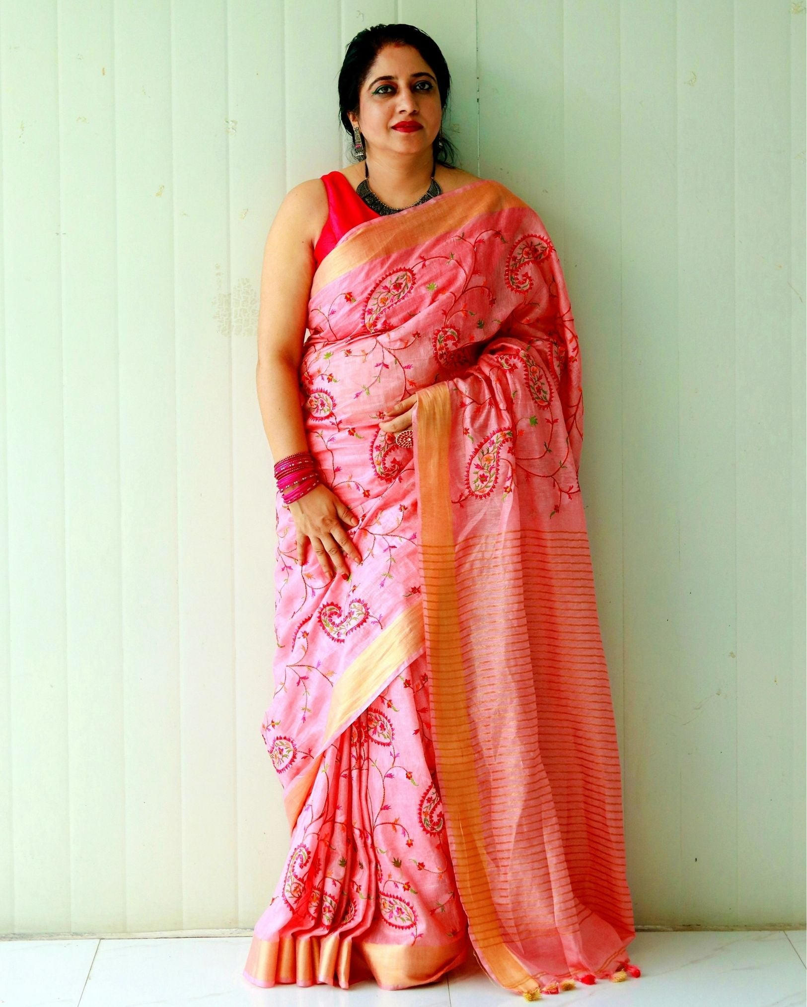 Ziyorah| Silk Linen Embroidered Handloom Peach Saree With Blouse