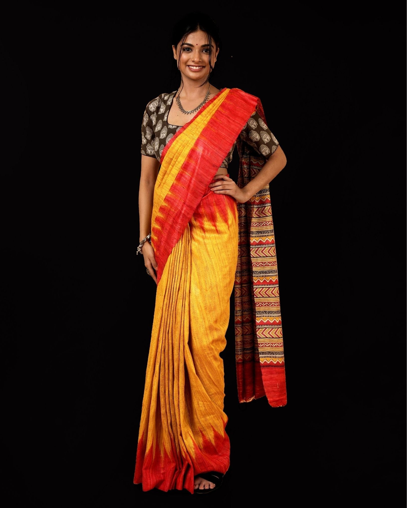 Ziyorah| Silkmark Certified Tussar Silk Handloom Handblock Printed Mustard Yellow Saree With Blouse