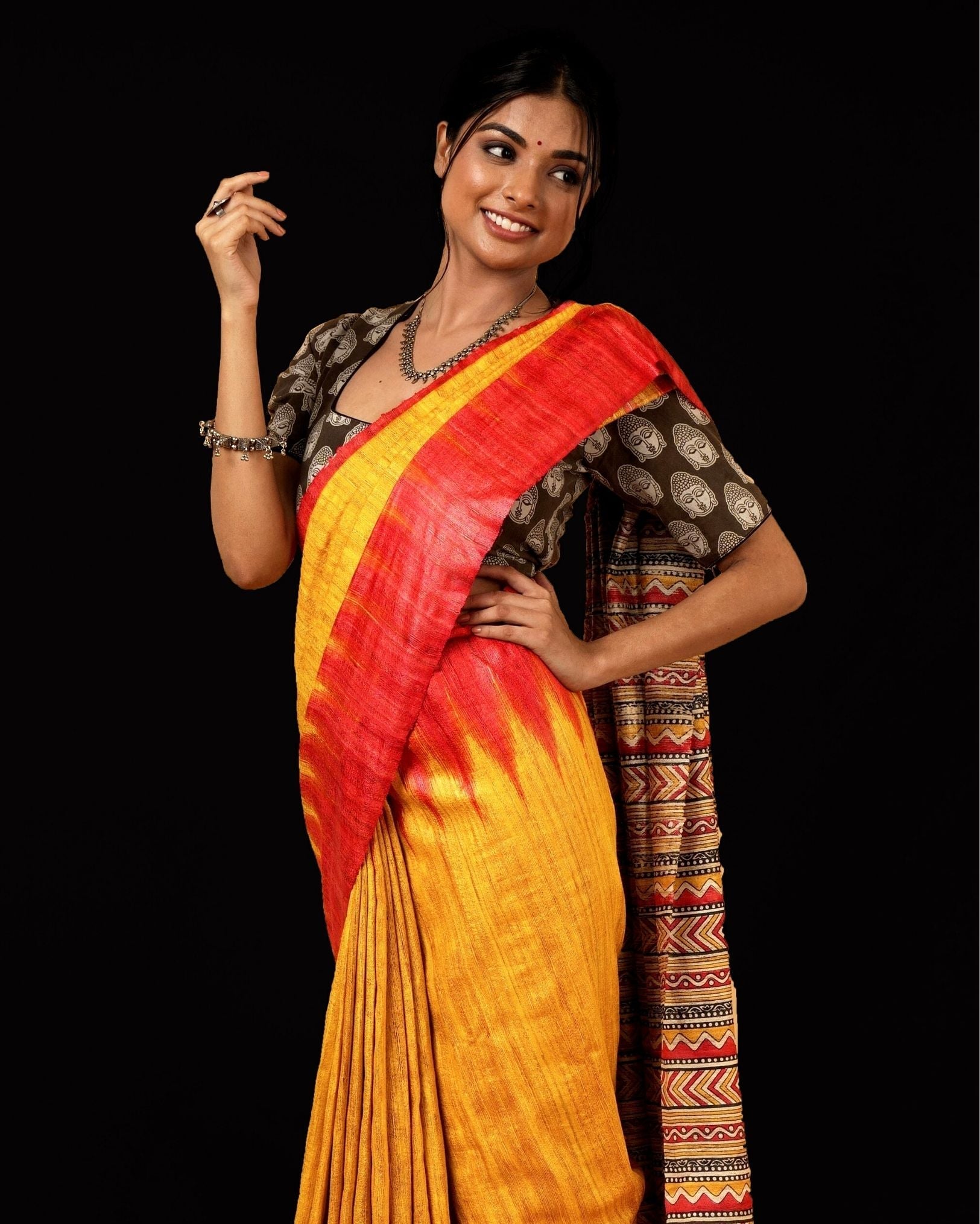 Ziyorah| Silkmark Certified Tussar Silk Handloom Handblock Printed Mustard Yellow Saree With Blouse