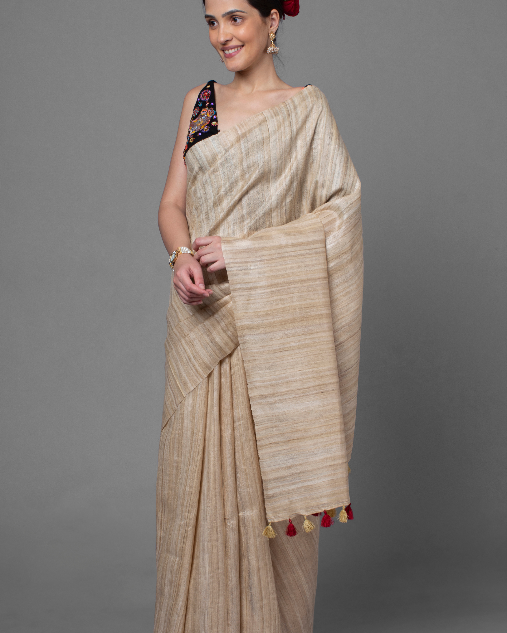 Ziyorah| Silkmark Certified Gichcha Tussar Handloom Hand Dyed Beige Saree With Contrast Blouse